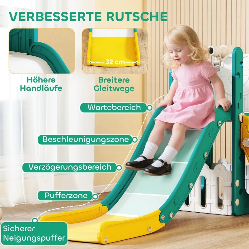 Set di scivoli 5 in 1 per bambini, telescopico, con canestro da basket, in plastica, giallo+verde