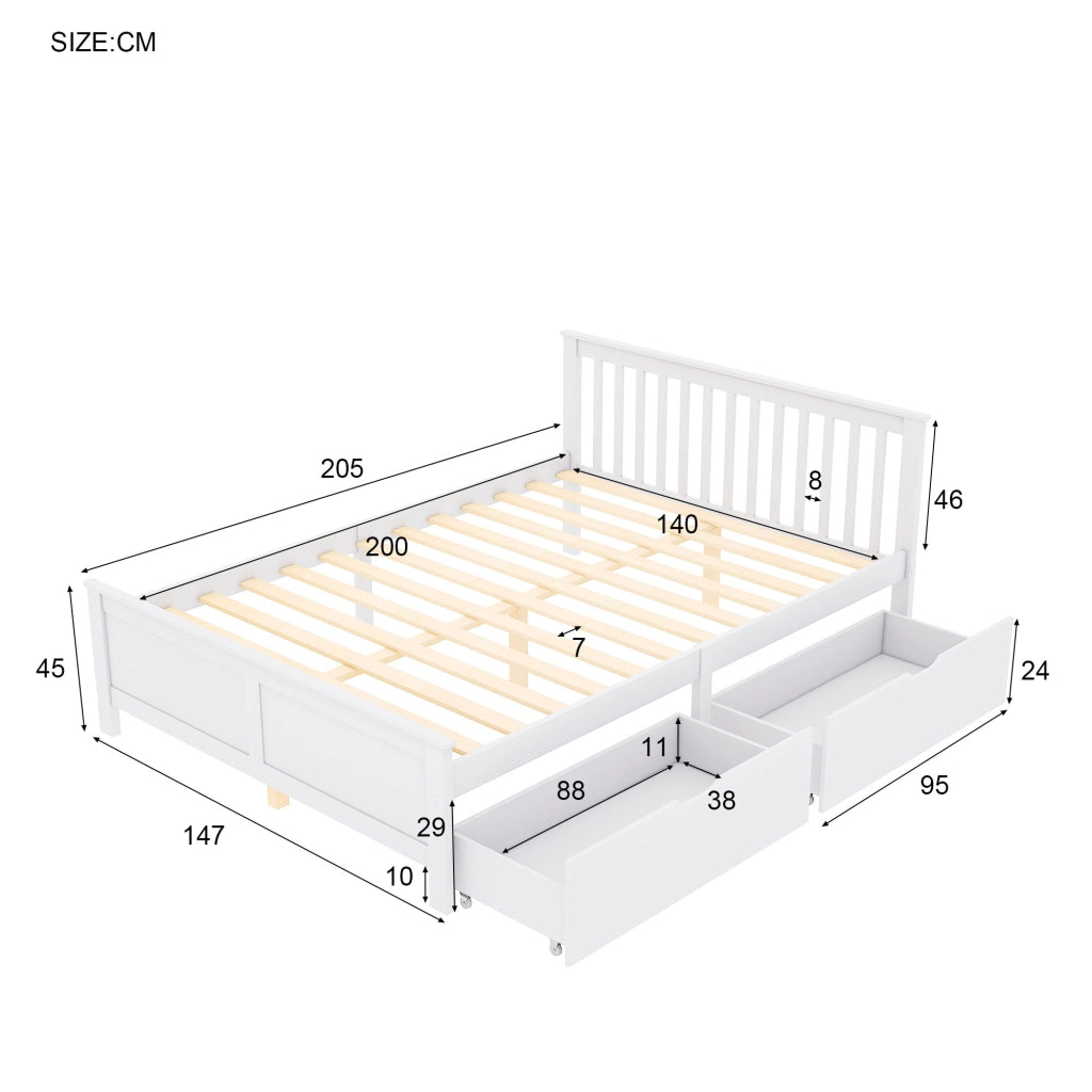 Letto Matrimoniale 140x200 cm con 2 Cassetti; Struttura in Legno; Bianco
