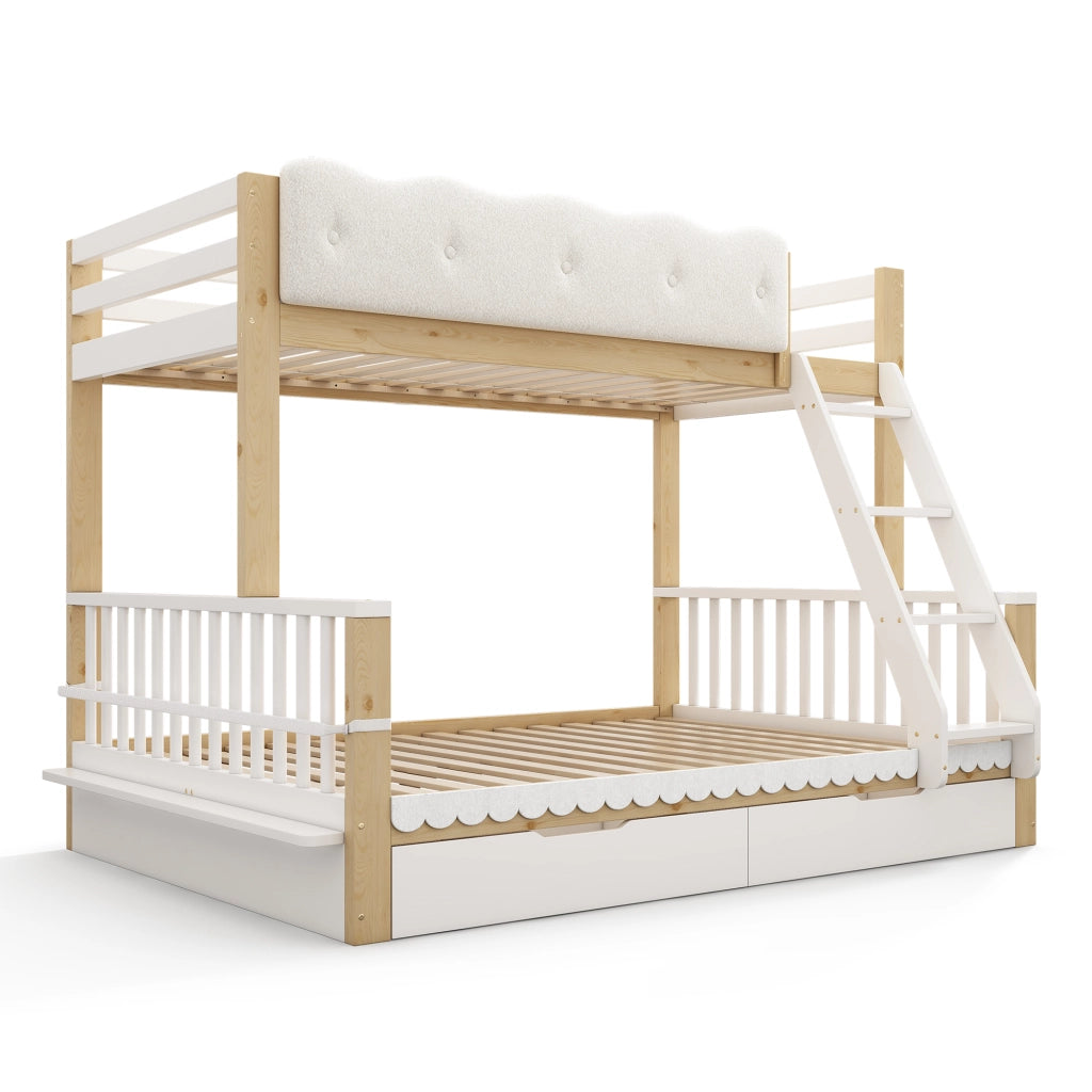 Letto a castello per bambini 90x200/140x200 cm con cassetti, portariviste e scala inclinata, Bianco & Rovere