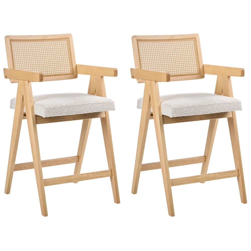 Set di 2 sedie da bar marrone scuro e beige chiaro con struttura in legno di caucciù e sedile in bouclè Cucina da pranzo retrò
