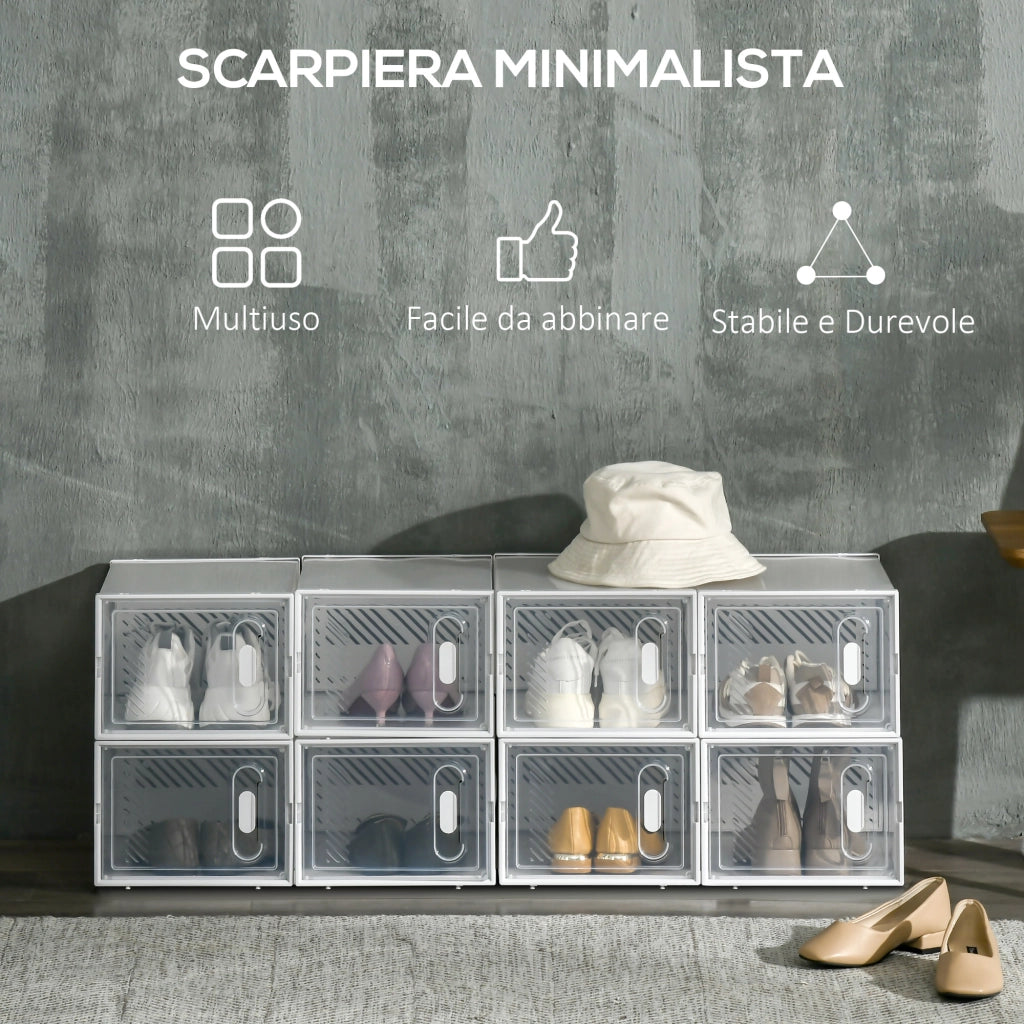 Scarpiera Modulare in PP con 8 Cubi Contenitori e Porta Magnetica, 25x35x19 cm, Bianco e Trasparente