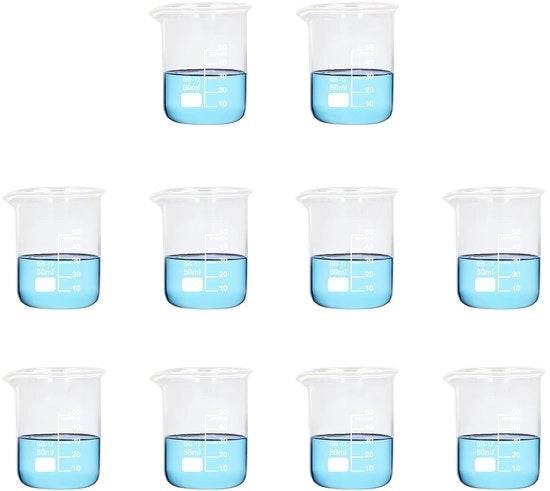 Bicchieri di misura in vetro borosilicato - 10 pezzi - 50 ml - Laboratorio e cucina - Translucido - Ideali per misurazioni precise