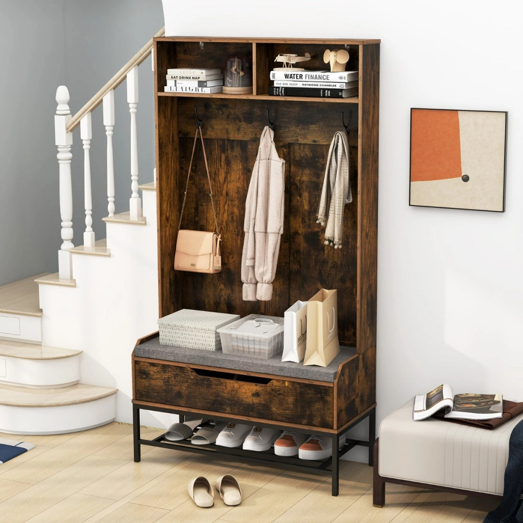 Appendiabiti da ingresso con cuscino per seduta e scomparti aperti, Appendiabiti 4-in-1 con stoccaggio per scarpe Marrone-Appendiabiti