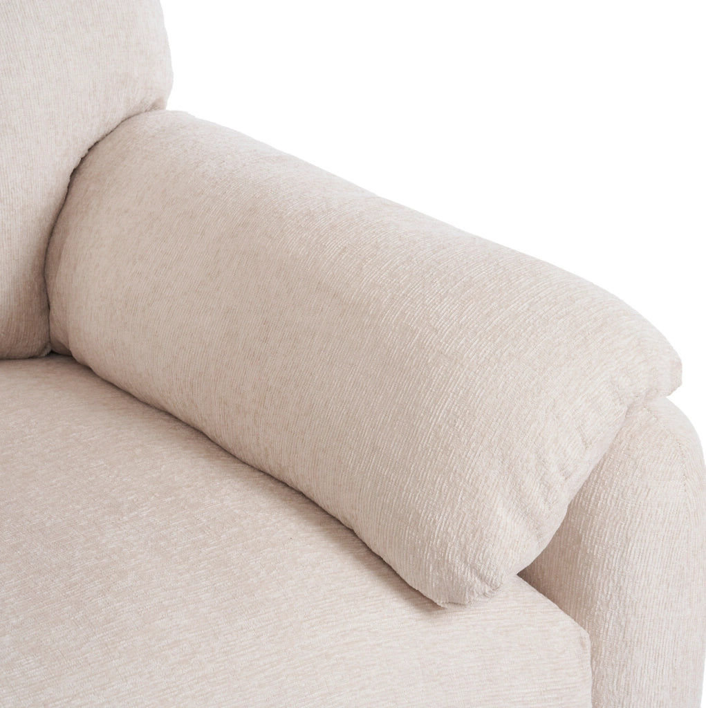 Poltrona singola in chenille beige; seduta 96x82x84 cm; struttura in legno e ferro