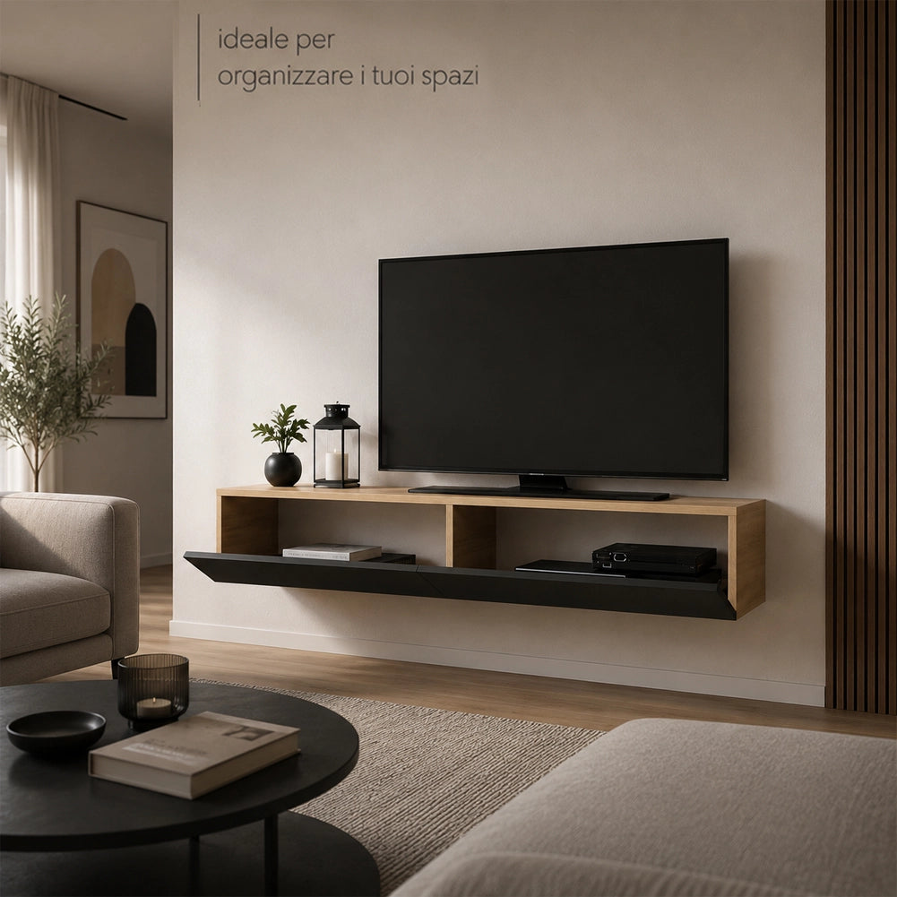 Mobile Porta Tv Sospeso da Salotto Mobiletto 2 Cassetti Antracite 135x31.5x25cm
