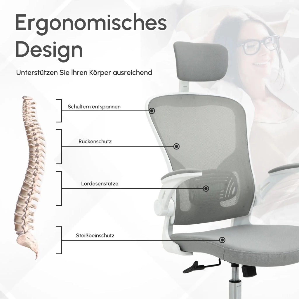 Sedia da ufficio ergonomica con poggiatesta e supporto lombare in plastica grigia 65 × 64 × 114-122 cm