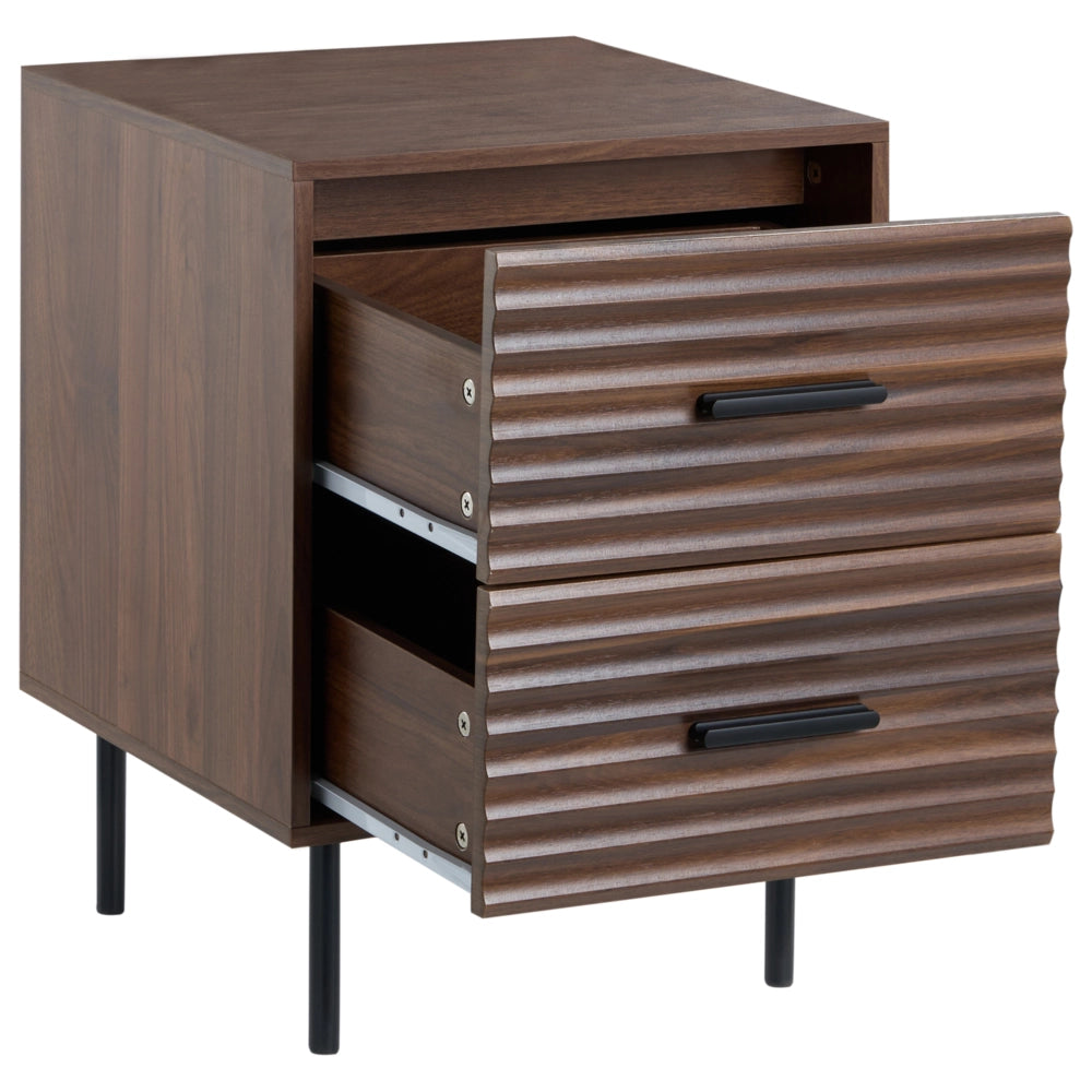 Comodino a 2 cassetti in truciolato marrone scuro con gambe in metallo mobile contenitore moderno design scanalato camera da letto