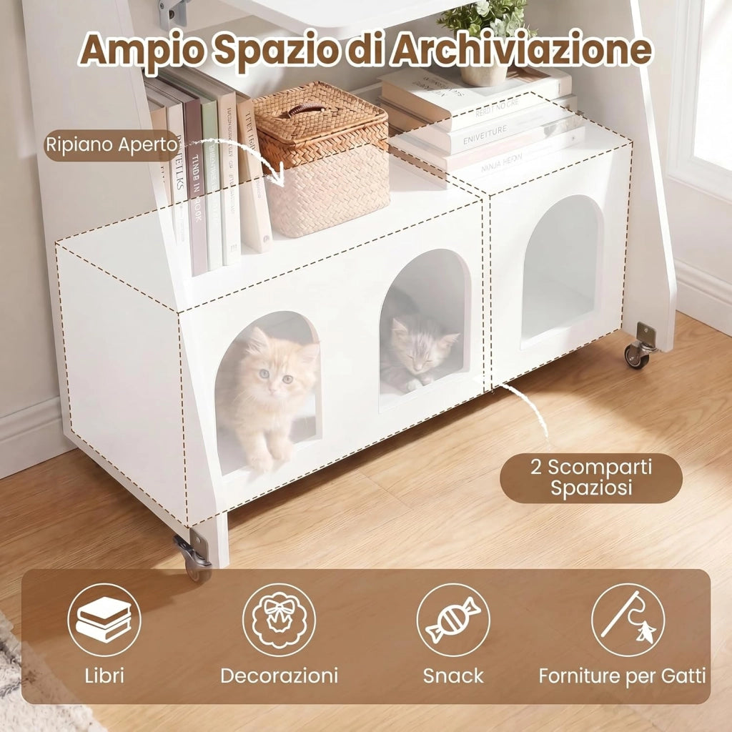 Scrivania Salvaspazio, Scrivania Pieghevole con Ruote, Ripiano Aperto, Ripiani Nascosti e Cuccie per Gatti, Scrittoio Moderno e Multifunzionale per Studio, Salotto e Camera da Letto (Bianco)