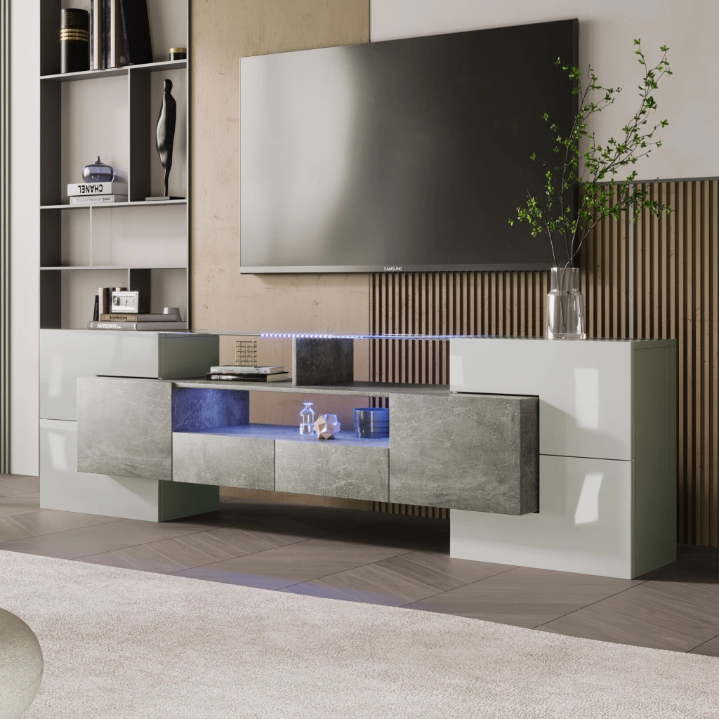 OKWISH Mobile TV con 6 Ante, 2 Cassetti e 3 Vani, LED, MDF, Bianco Lucido e Grigio Cemento, 200 x 35 x 60 cm