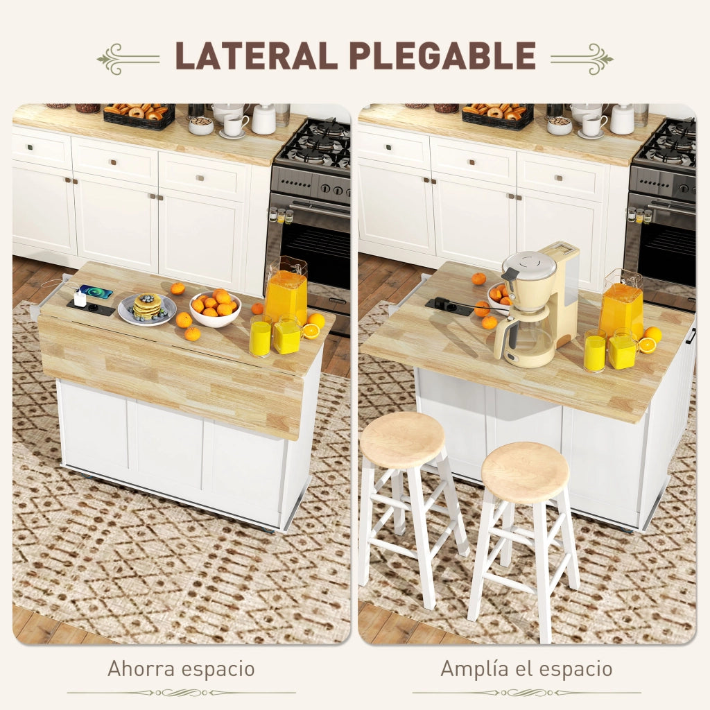 Tavolo da cucina mobile con ripiano pieghevole, 2 cassetti, porta spezie, attaccapanni e presa USB ¨C Zephmum ¨C Bianco 119.5x74x94.5 cm