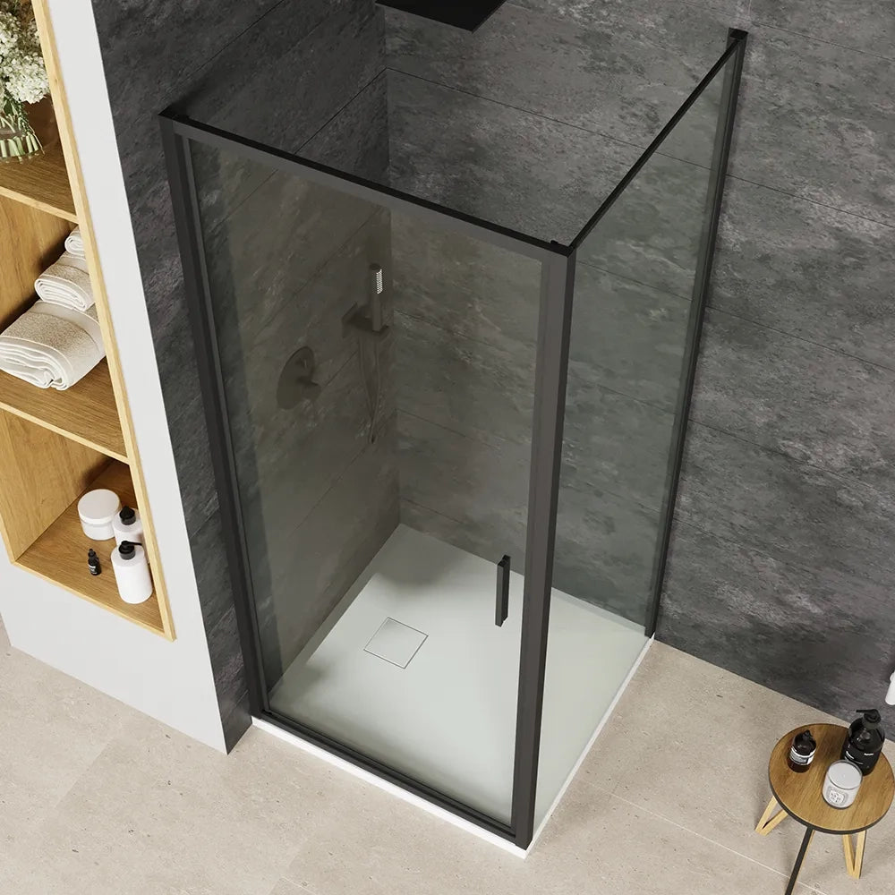 Box doccia slim 75x80cm con porta a battente e parete fissa profili nero opaco e vetro 6mm trasparente h190| Portofino