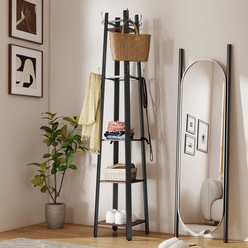 Appendiabiti da terra 2-in-1 con 8 ganci e 4 ripiani, stile industriale, 34,8 x 34,8 x 179 cm, marrone