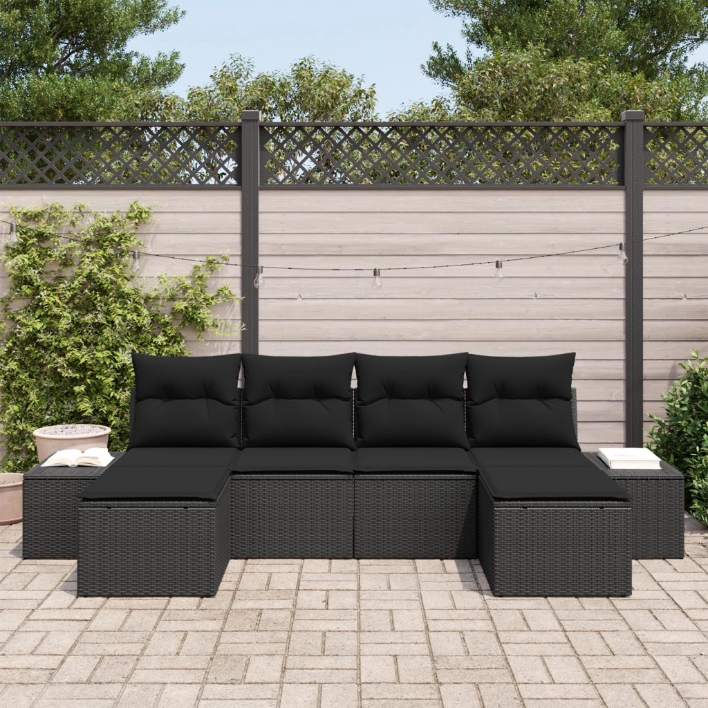 Set Divano Giardino 6 Pezzi con Cuscini Nero in Rattan Polimerico