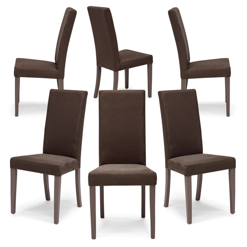 Set 6 sedie imbottite per sala da pranzo EDI NEW, 100% MADE IN ITALY, design moderno, rivestimento in tessuto idrorepellente effetto camoscio colore Moka Vintage, gambe in legno in tinta
