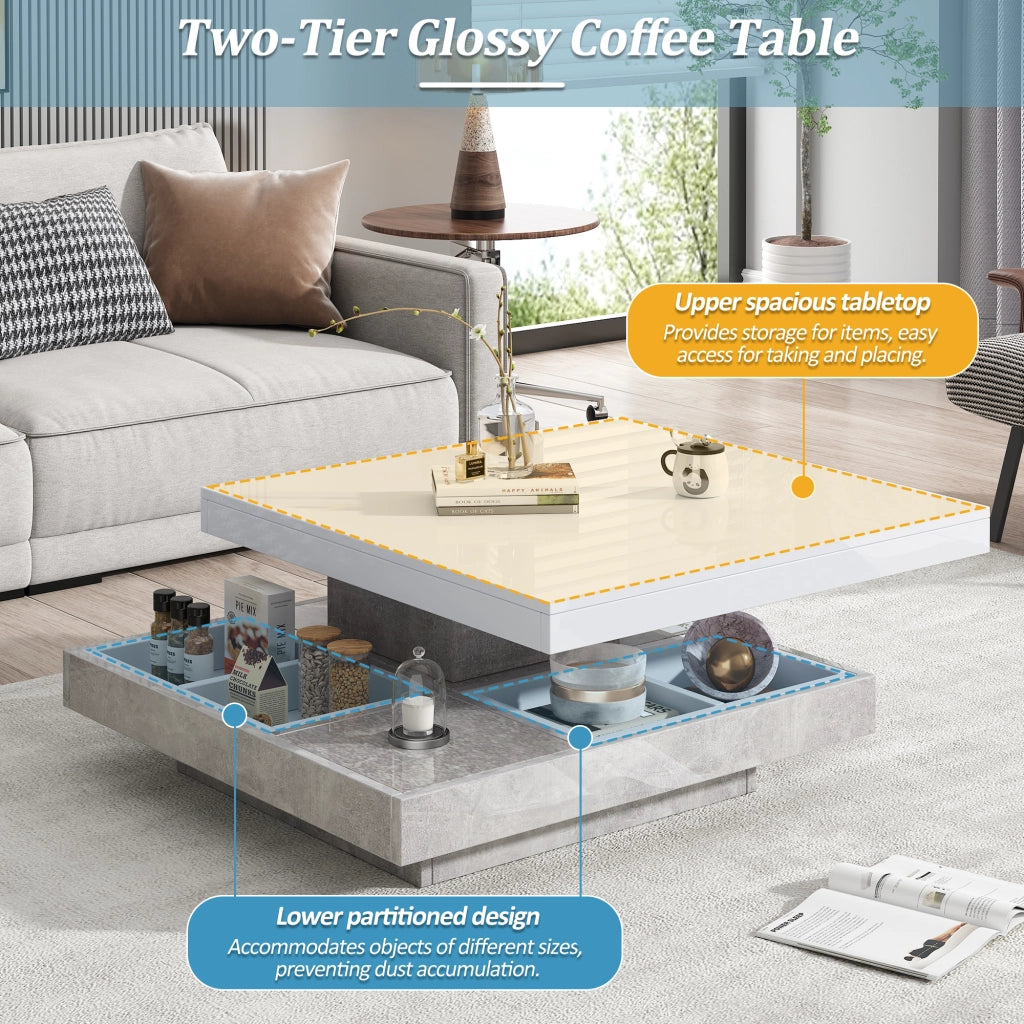Tavolino da caffè con piano girevole a 360° e vano - per soggiorno - in truciolare - 70×70×36 cm - bianco e marmo
