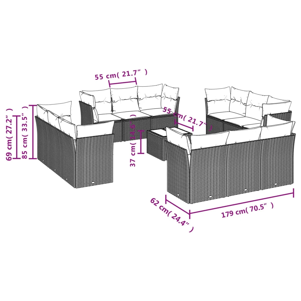 Set Divani da Giardino 13pz con Cuscini Nero in Polyrattan