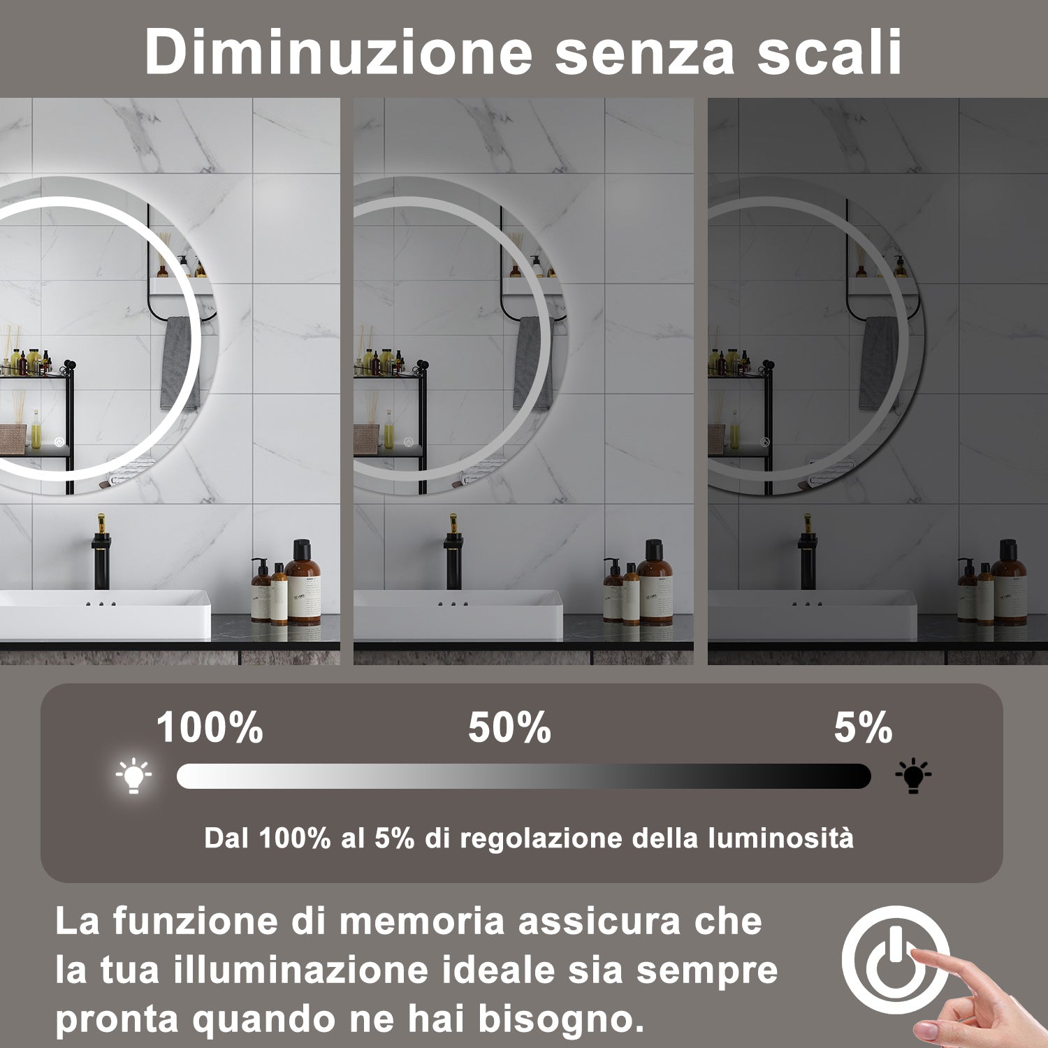 AICA Specchio da bagno 60 x 60 cm, antiappannamento, dimmerabile, interruttore touch, Funzione Memoria