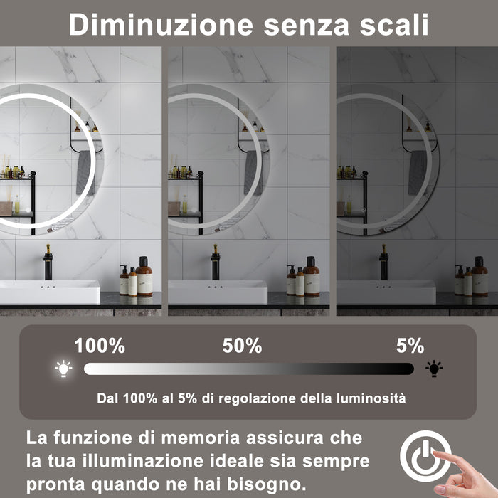 AICA Specchio da bagno 60 x 60 cm, antiappannamento, dimmerabile, interruttore touch, Funzione Memoria