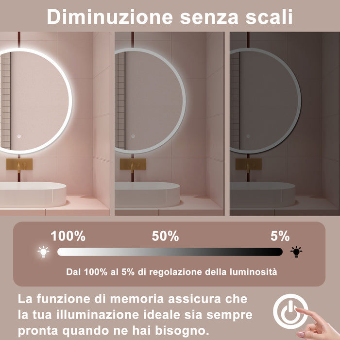 AICA Specchio da bagno 60 x 60 cm, antiappannamento, dimmerabile, interruttore touch, Funzione Memoria