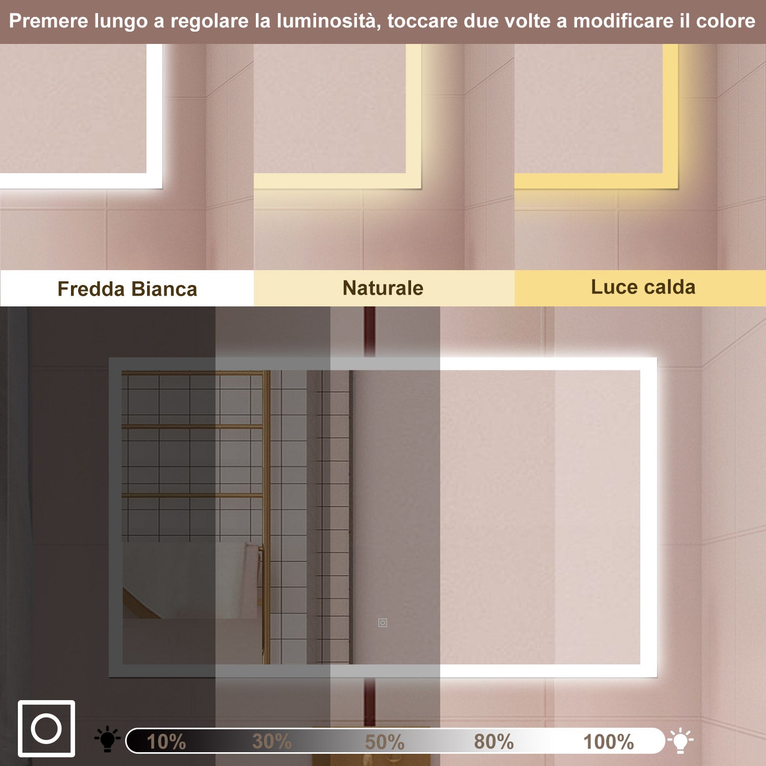 AICA Specchio da bagno  100 x 60 cm, dimmerabile, Funzione Memoria, antiappannamento, 3 colori