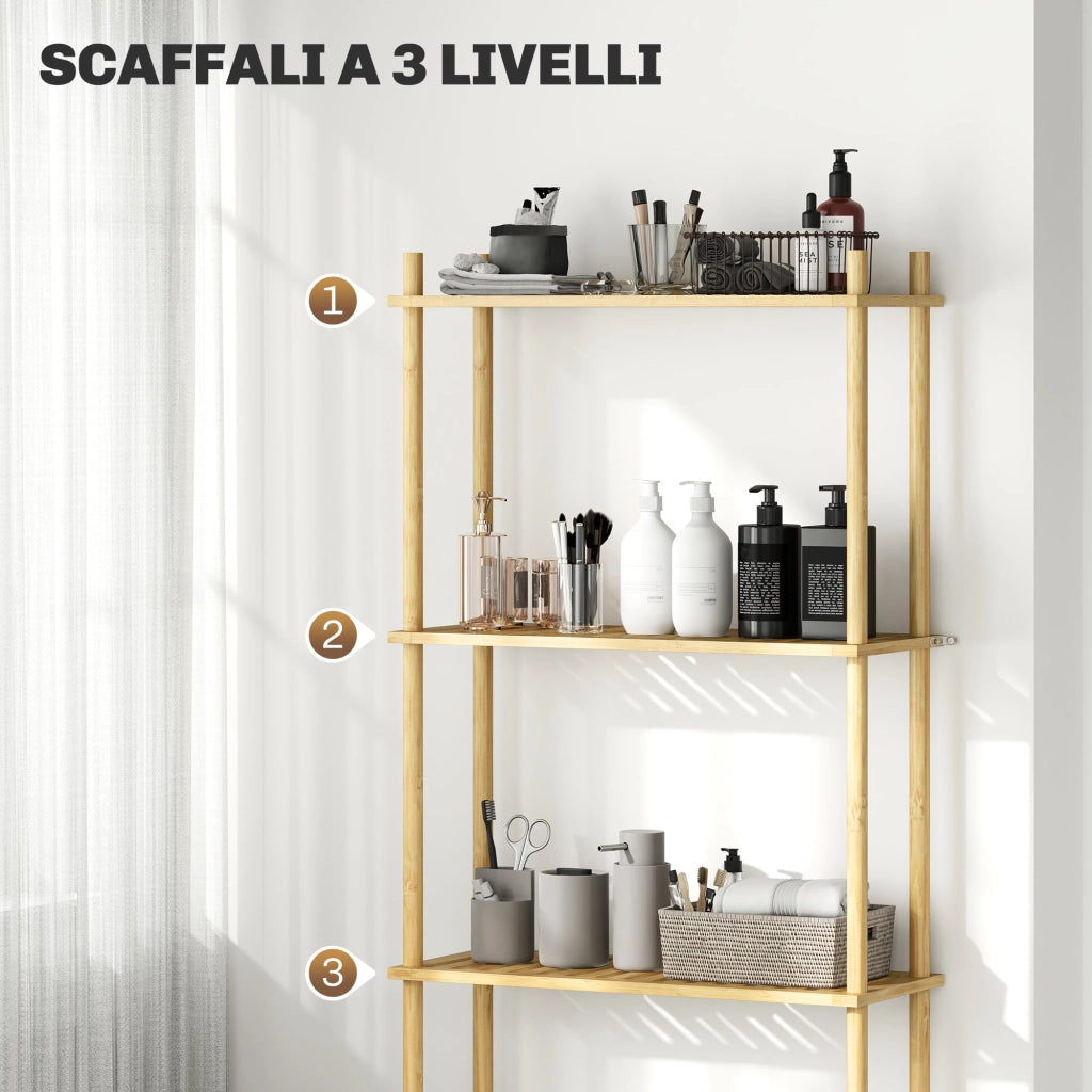 Mobile Sopra WC 63,5x25,5x181 cm a 3 Ripiani a Doghe Salvaspazio in Bambù