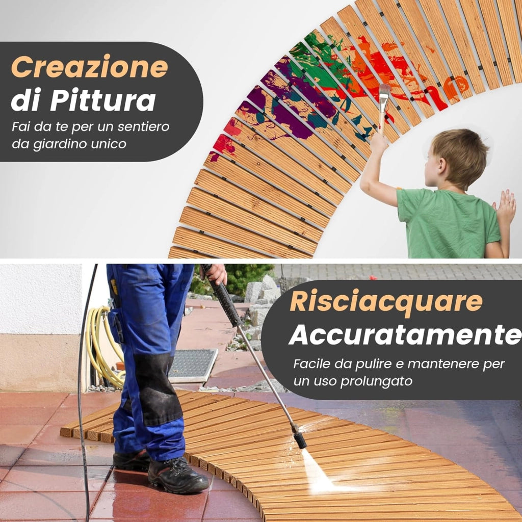 Sentiero da Giardino in Legno, Passerella Curvo da Esterno con Superficie Antiscivolo e Fili Metallici, Design Arrotolabile, per Patio Cortile e Spiaggia, Naturale (216 x 53 cm)