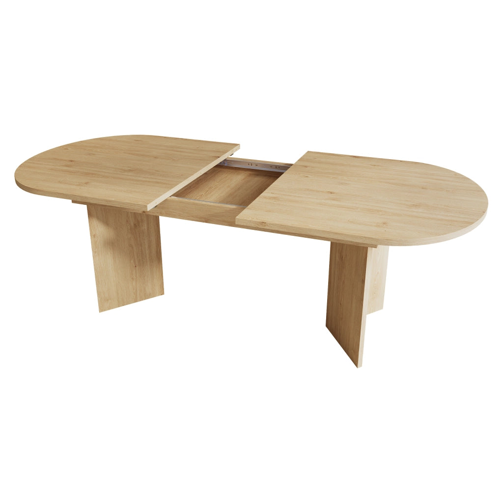 Tavolo da pranzo allungabile con piano da 18 mm e angoli arrotondati, per 4-8 persone, in MDF, rovere chiaro