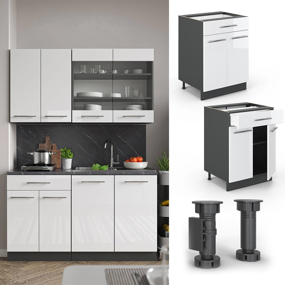Mobiletto base per cucina Fame-Line Bianco lucido/Antracite 60 cm con cassetto, PL Antracite Vicco