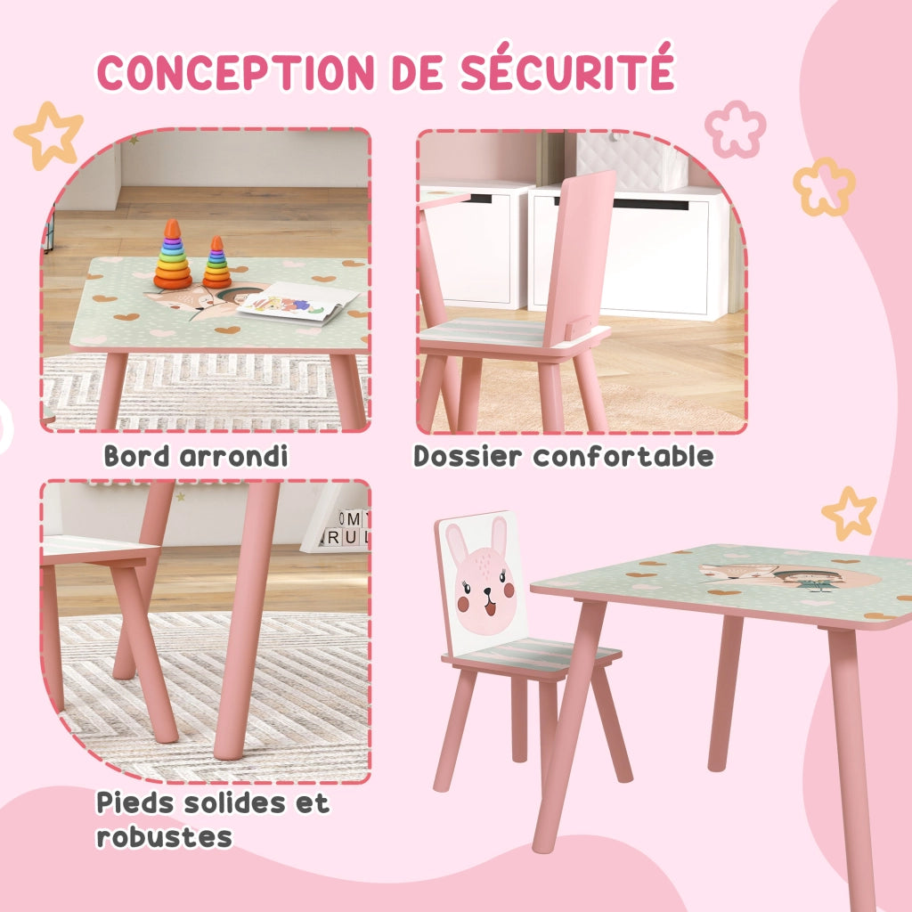 Tavolo e Sedie per Bambini ¨C Zephmum ¨C Rosa, Legno, Motivo Animali