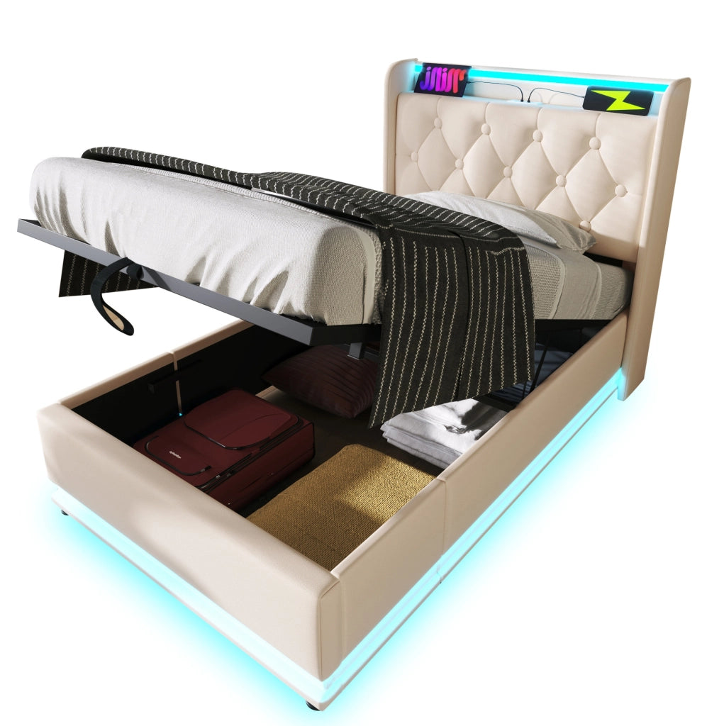 Letto singolo imbottito con LED 360°, USB e contenitore idraulico