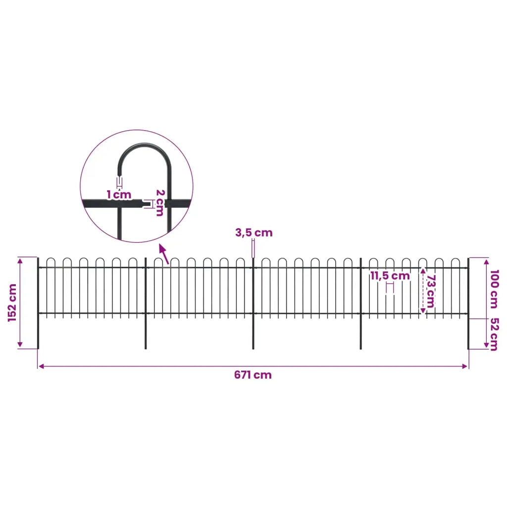 Recinzione da Giardino con Parte Superiore ad Anello in Acciaio 671x100 cm Nero 277659