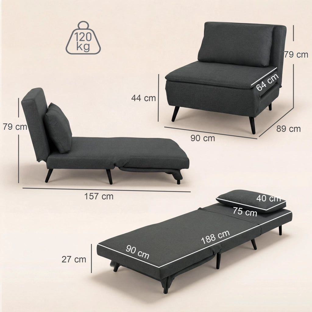 Poltrona letto reclinabile 3-in-1 ¨C Xylo ¨C tessuto lino grigio scuro con poggiapiedi e gambe metallo