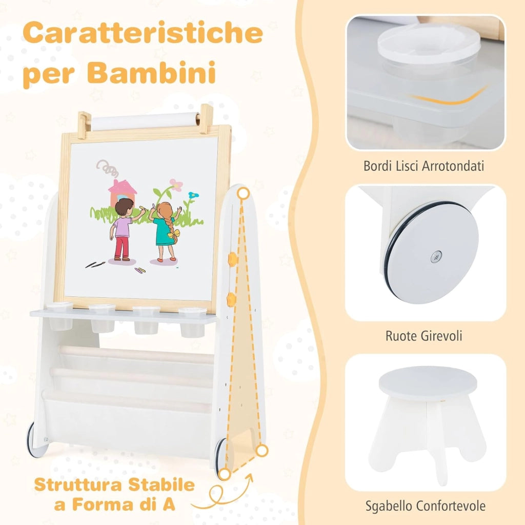 Cavalletto Lavagna per Bambini con Sgabello e Tavolo 4 in 1, Lavagna Magnetica Regolabile in Altezza con Rotolo di Carta e 4 Tazze di Vernice, Cavalletto a Ruote con Gessi e Cancellino