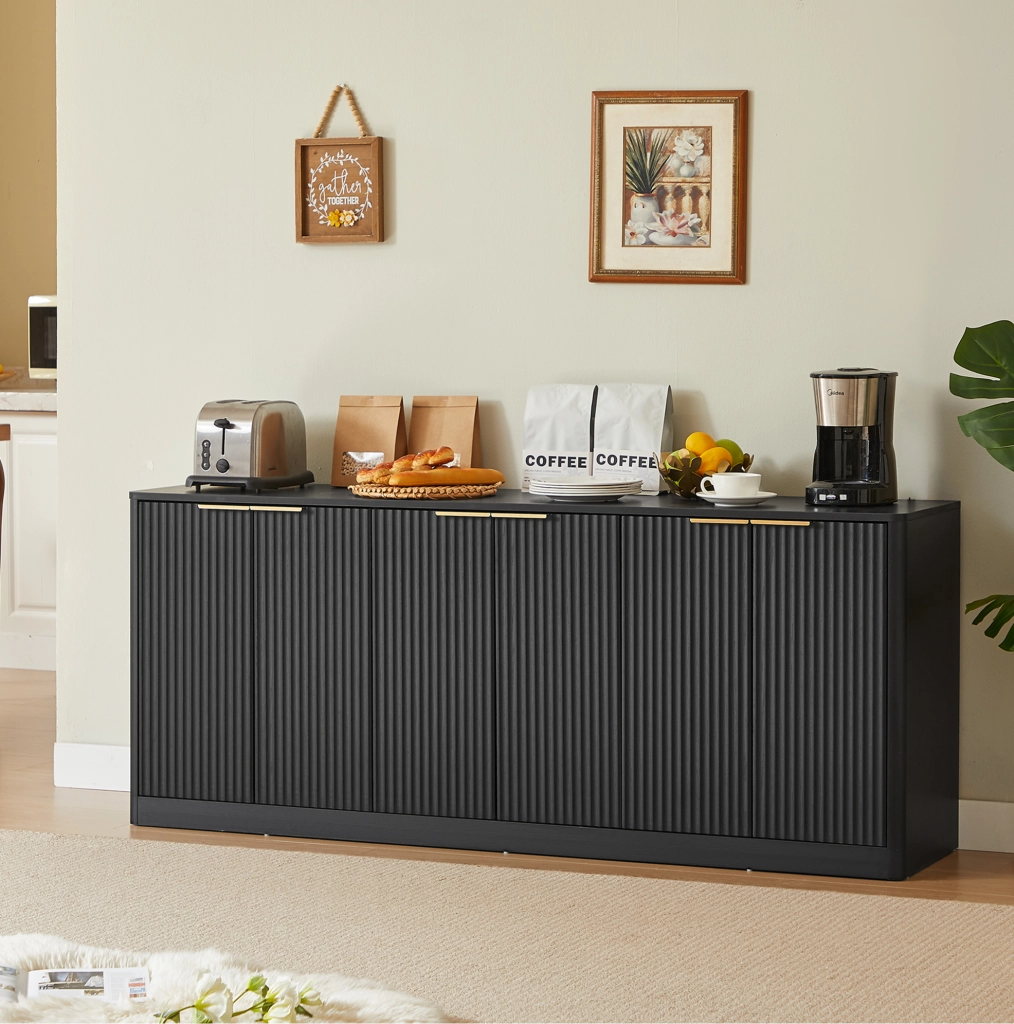 Credenza 170x40x70;5 cm a 6 ante in MDF con pannelli ondulati; nero