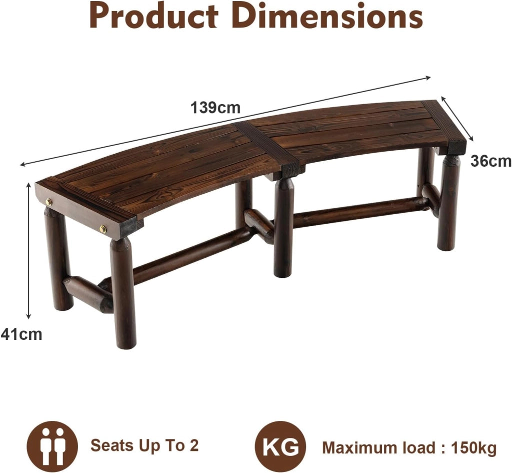 Panca da giardino, in carbonizzazione da superficie, panca in legno per 2 persone, panchine da parco, carico di 150 kg, per terrazza, balcone, vintage (forma curva, 139 x 36 x 41 cm)