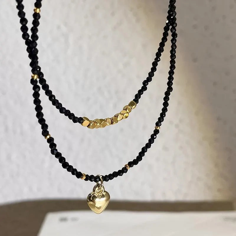 Collana a doppio strato fatta a mano con perline di cristallo nero, regalo d'amore per Natale e compleanno.