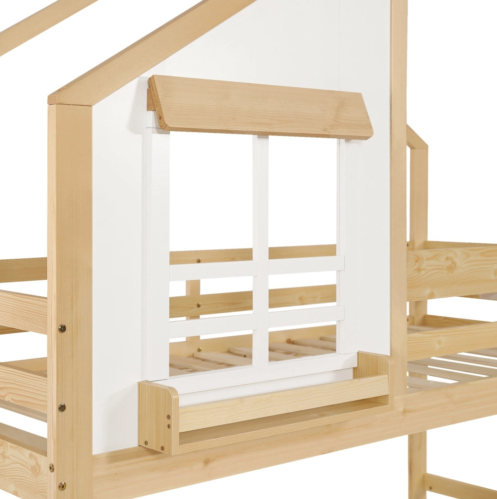 Letto a castello per bambini con cassetti, finestra decorativa e scala con corrimani