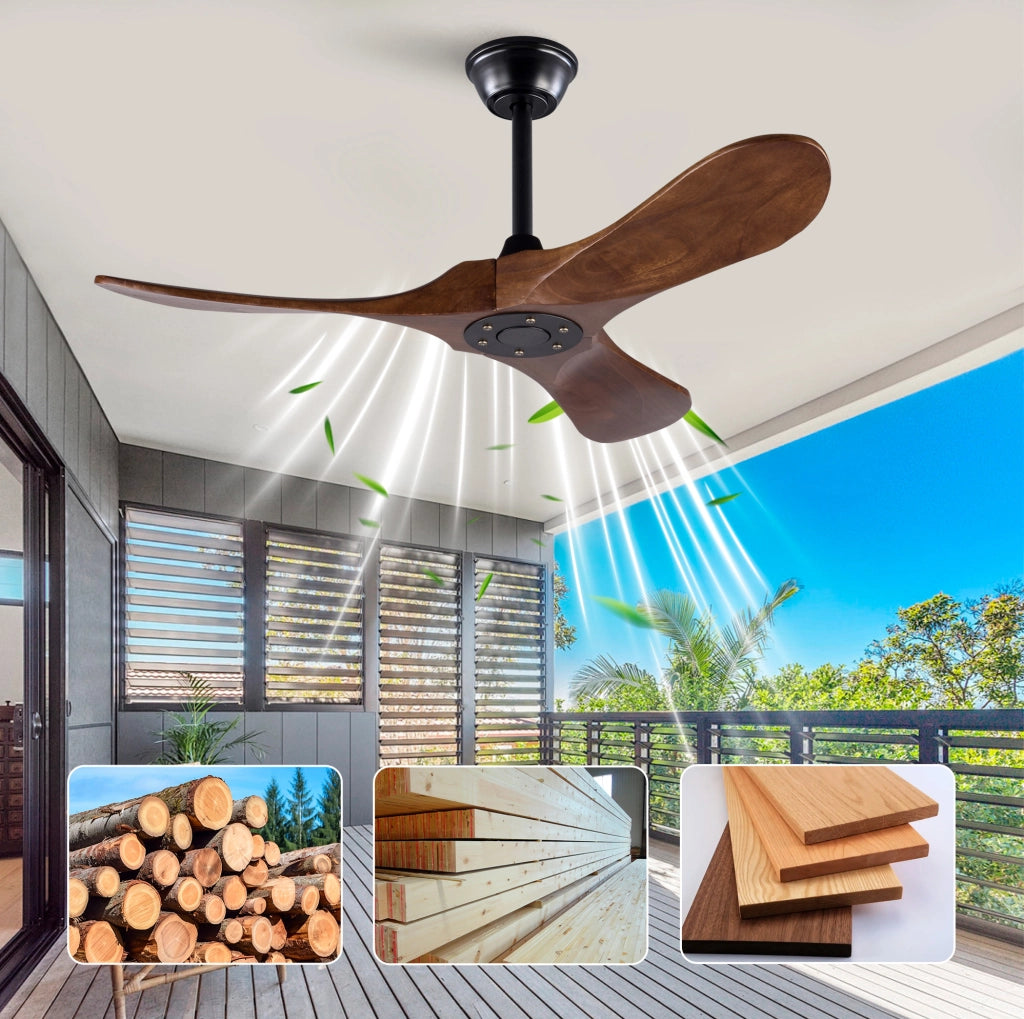 Ventilatore da soffitto senza luce con 3 pale in legno; telecomando; nero e noce scuro