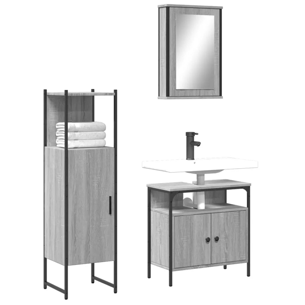 Set Mobili da Bagno | Armadio da bagno 3 pz Grigio Sonoma in Legno Multistrato