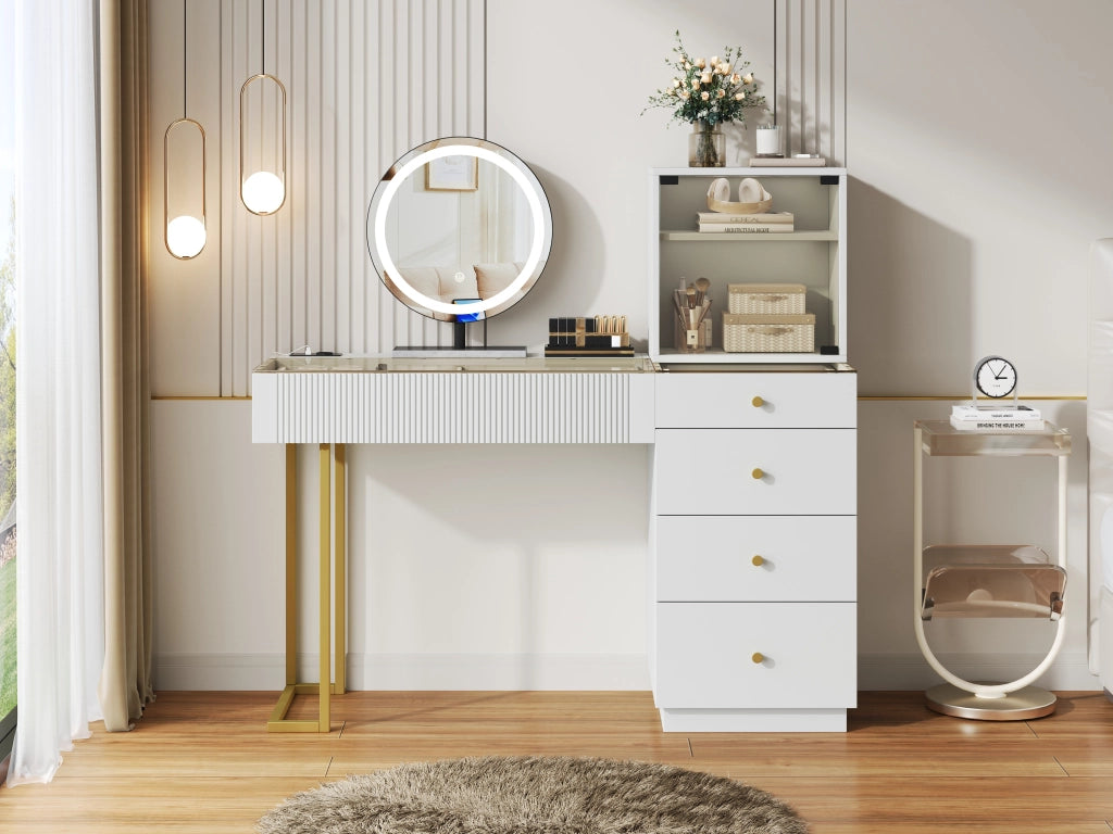 Tavolo da toeletta con specchio LED; piano vetro temperato; 5 cassetti e 1 mobiletto; Bianco; B120×P40×H120cm