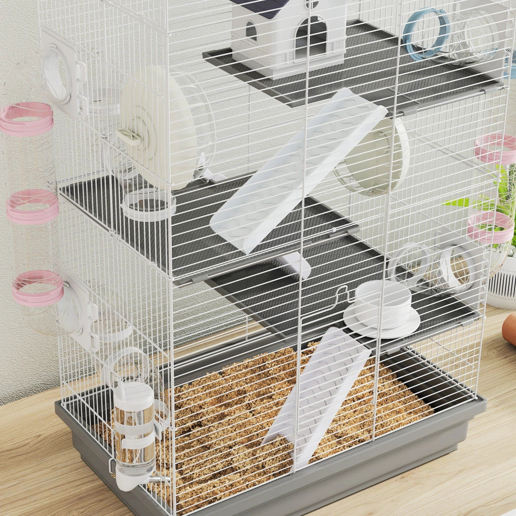 Gabbia per Criceti a 4 Livelli 47x30x70 cm e 16 Tubi con Casetta Rampa e Accessori in Metallo e Plastica Grigio