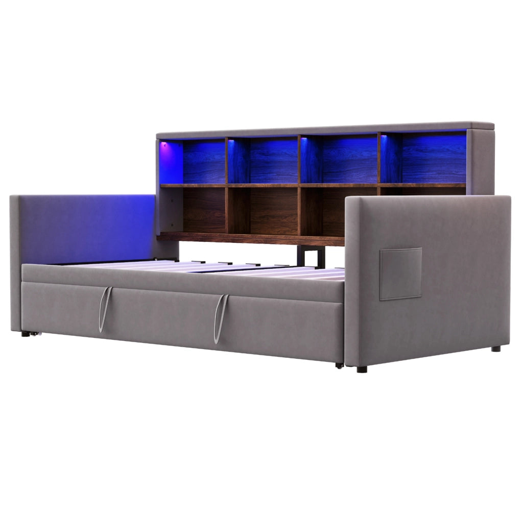 Divano letto imbottito 90x190 cm con contenitore, LED e prese integrati
