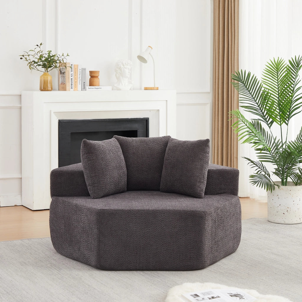 Poltrona lounge modulare esagonale in chenille grigia con 3 cuscini