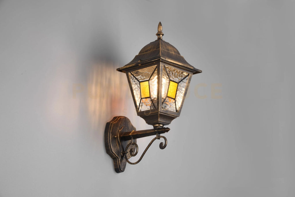 IMPERIA APPLIQUE DA ESTERNO UP 4 LATI FUSIONE DI ALLUMINIO RUGGINE E VETRO VERNICIATO EFFETTO GHIACCIO ED INSERTO GIALLO H. 45,5CM IP44  1 LUCE ATTACCO E27