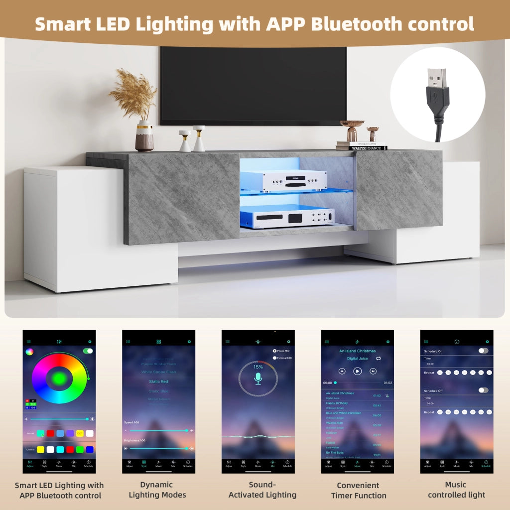 Mobile porta TV con LED, 4 ante, 3 vani e ripiani in vetro, per soggiorno, in MDF, bianco e grigio, 180 × 40 × 46,5 cm