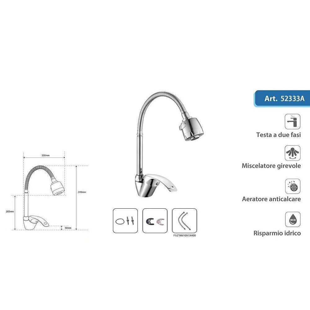 Trade Shop - Rubinetto Miscelatore A Canna Alta Flessibile Doccetta Modello Napoli 52333a -