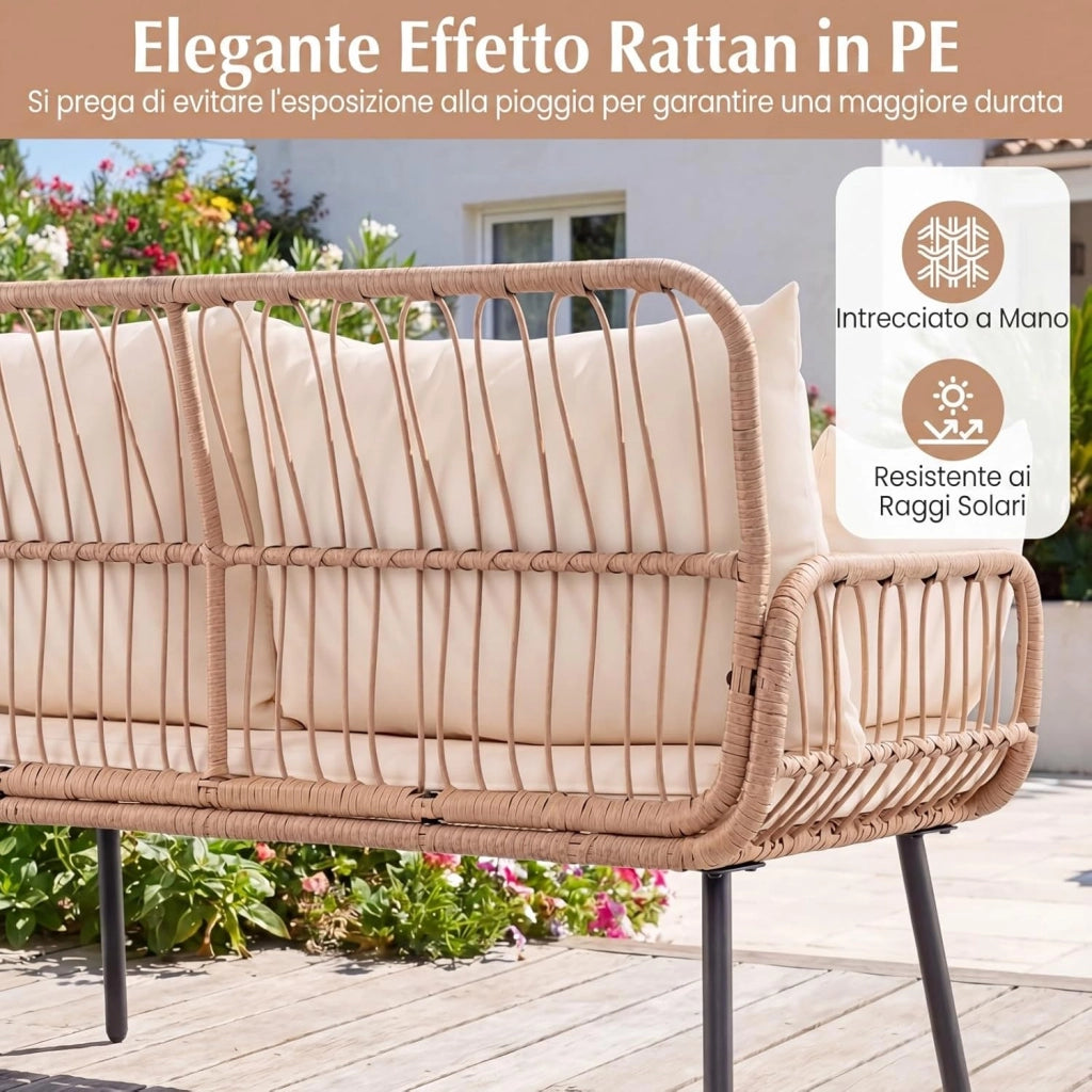 Divanetto da Giardino 2 Posti, Divano da Esterno in Rattan con Cuscini Morbidi e Piedini Regolabili, Portata 300 kg, Panca da Giardino per Terrazza e Bordo Piscina, 118 x 62 x 81 cm