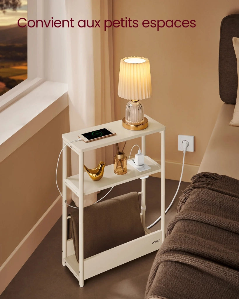 Tavolino sottile con multipresa comodino a 3 ripiani tavolino per piccoli spazi portariviste soggiorno camera da letto ufficio tavolini beige 12_0007559