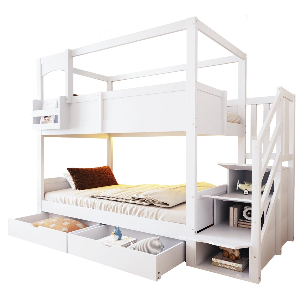 Letto a castello per bambini 90x200 cm a casetta con scala contenitore in legno bianco