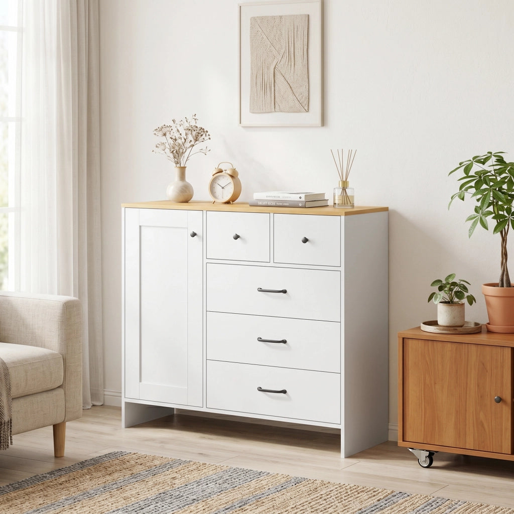 Credenza con 5 Cassetti e Anta Stile Rustico ¨C Xylo ¨C Bianco 100x40x94 cm
